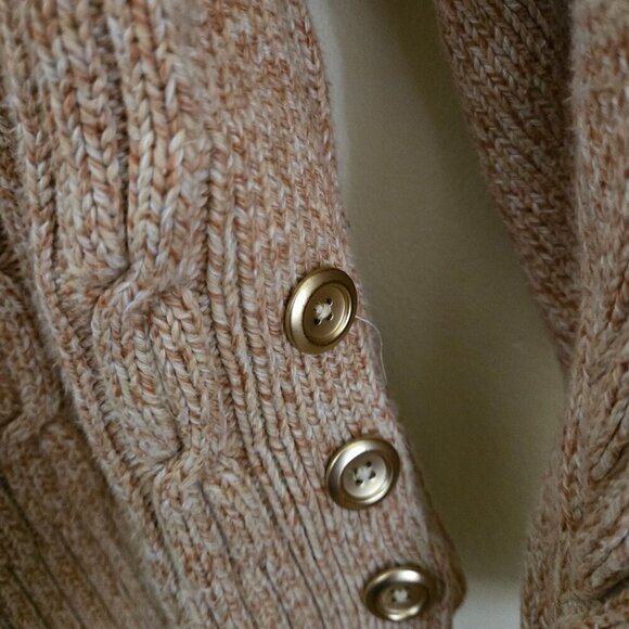 Talbots Cable Cowl Neck Sweater Tan Marled Gold Button Detail Sustainable Size M - Picture 5 of 8